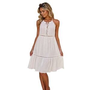 Cupshe White Gauze Tiered Mini Dress Boho Tie Neck XL NWT Festival